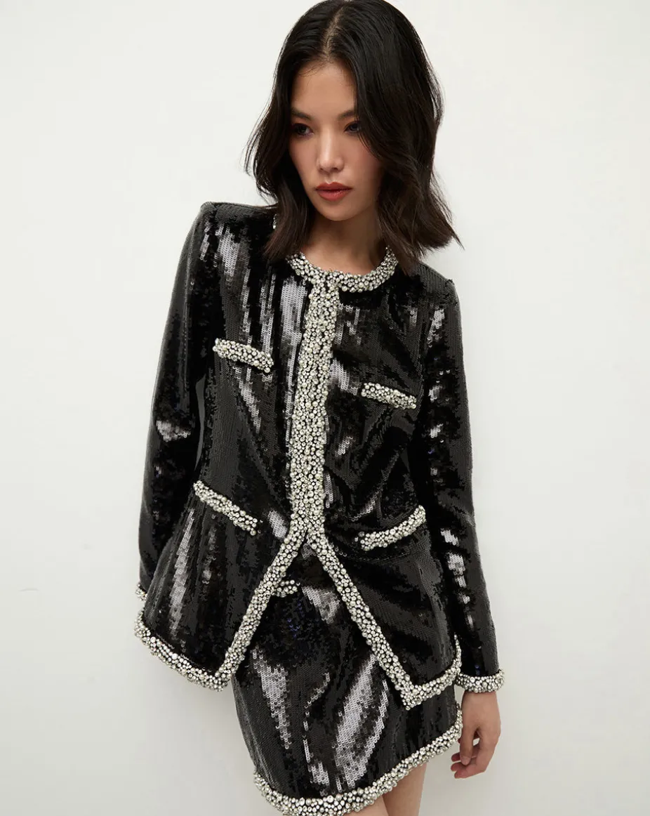 Alessia Pearl-Trim Sequin Jacket in Black x Poppy Delevingne
