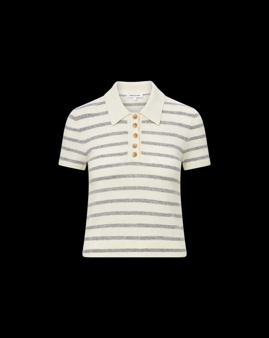 Brandt Striped Cashmere Polo in Ivory/Heather Grey