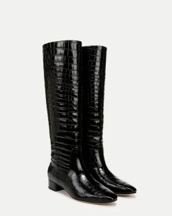 Cecile Croc-Embossed Tall Boot in Black