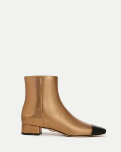 Cecile Leather Cap-Toe Bootie in Gold/Black