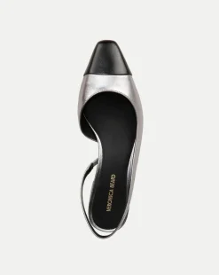 Cecile Leather Cap-Toe Slingback in Silver/Black