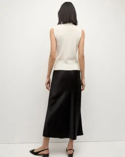 Clover Stretch Silk Midi Skirt in Black