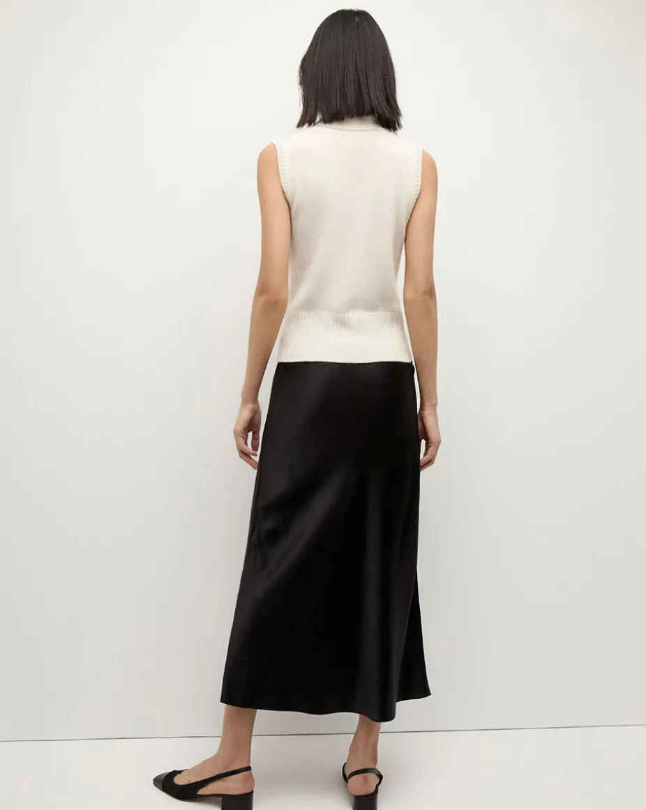 Clover Stretch Silk Midi Skirt in Black