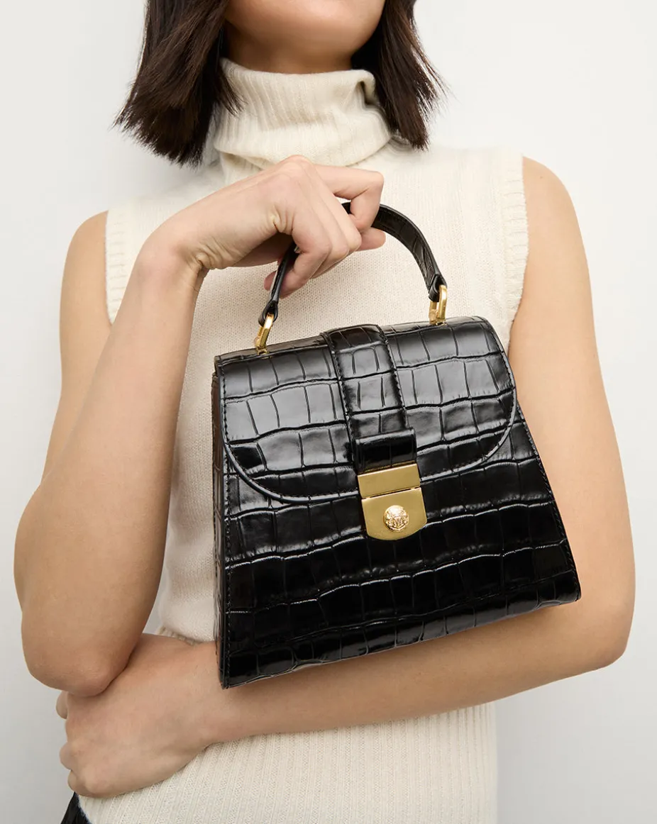 Crest Lock Croc-Embossed Top Handle Bag in Black