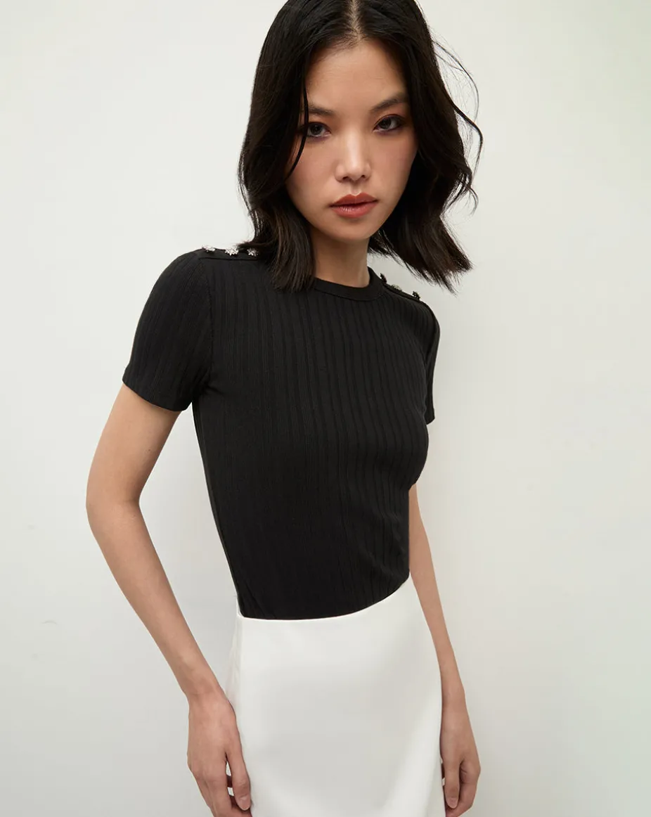 Draya Rhinestone Button Tee in Black