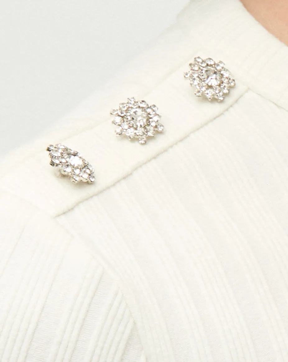 Draya Rhinestone Button Tee in White