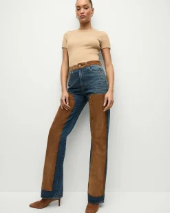 Dylan Suede-Patchwork Straight-Leg Jean in Equinox Blue