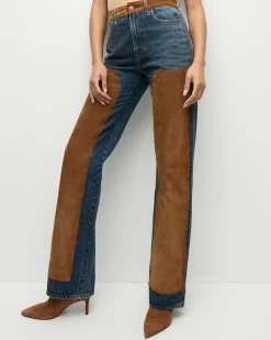 Dylan Suede-Patchwork Straight-Leg Jean in Equinox Blue