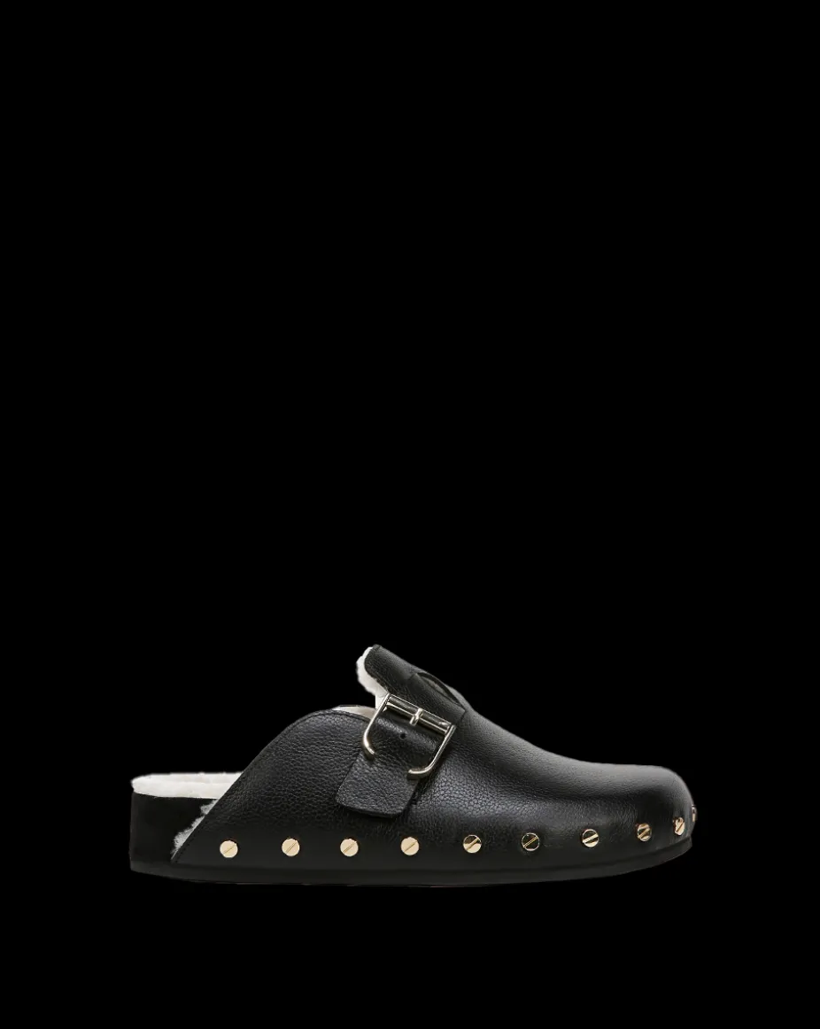 Fern Shearling Clog in Black Leather