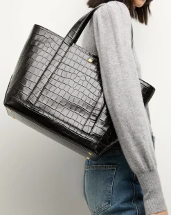 Grand Croc-Embossed Goody Bag in Black