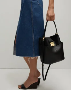 Large Crest Lock Bucket Bag in Black