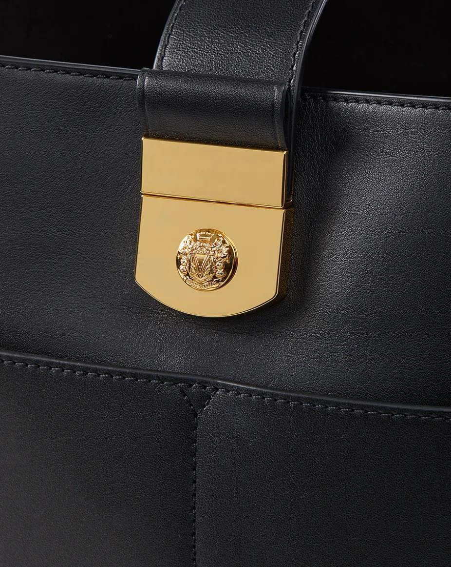 Large Crest Lock Bucket Bag in Black