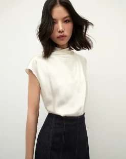 Leilany High Neck Silk Top in Ivory