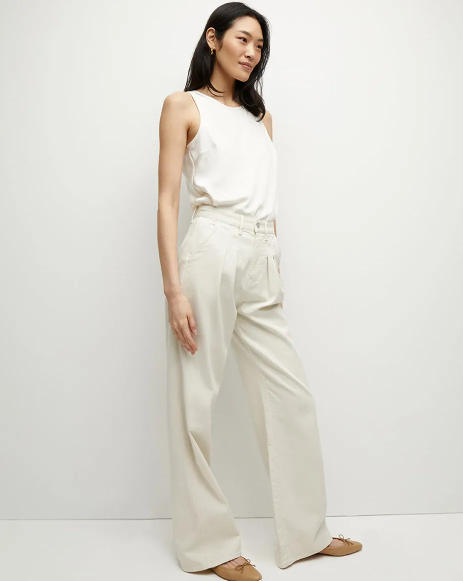 Mia Ecru Mid-Rise, Pleated Wide-Leg Jean