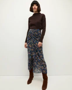 Sira Long Ruched Silk Skirt in Blue-Stone-Multi
