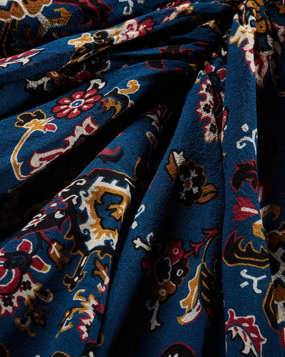 Sira Long Ruched Silk Skirt in Blue-Stone-Multi