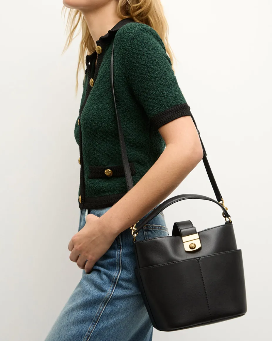 Small Crest Lock Bucket Bag in Black