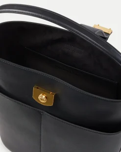 Small Crest Lock Bucket Bag in Black