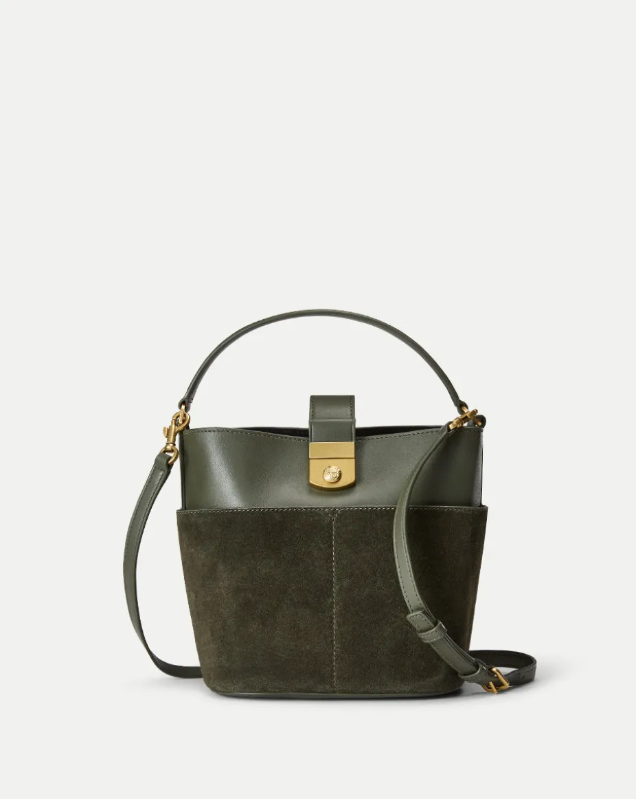 Small Crest Lock Suede Bucket Bag in Pine