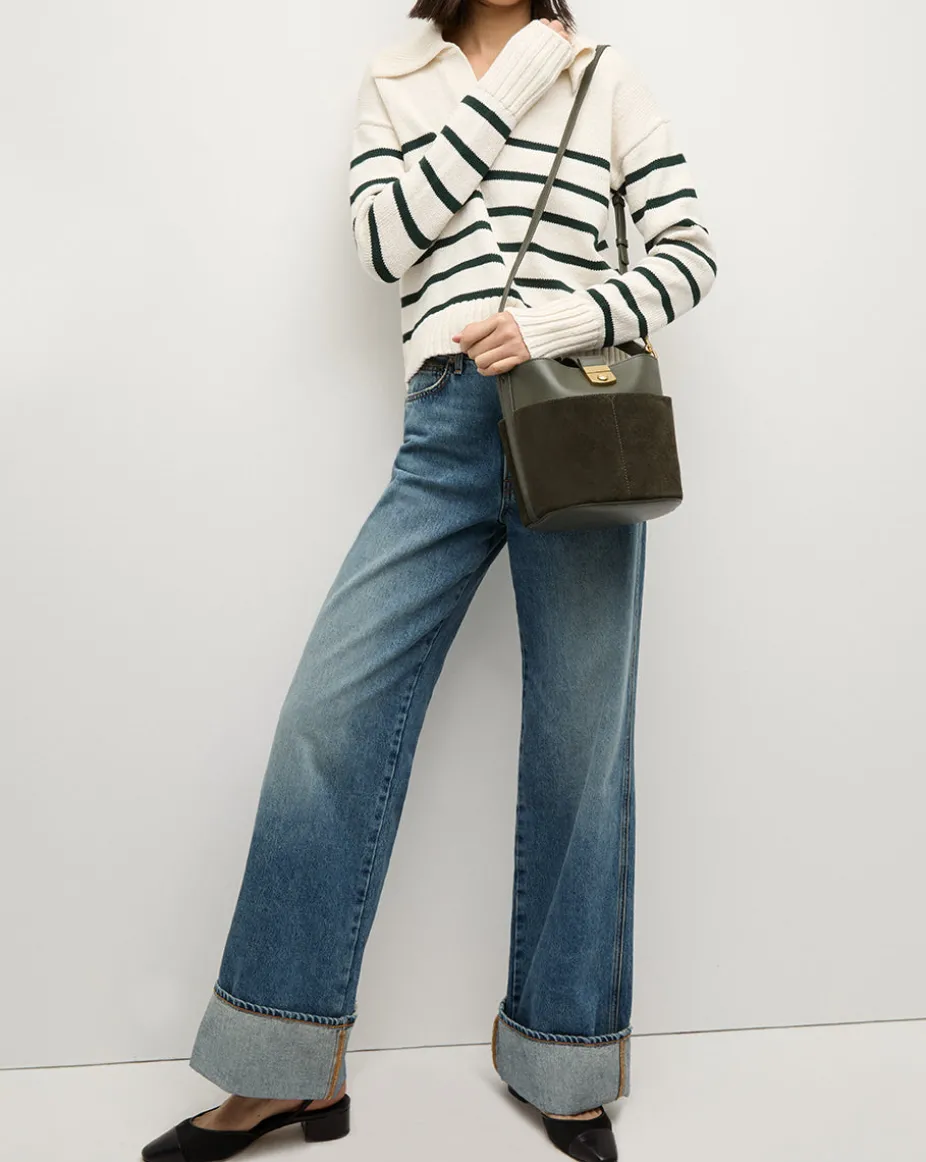 Small Crest Lock Suede Bucket Bag in Pine
