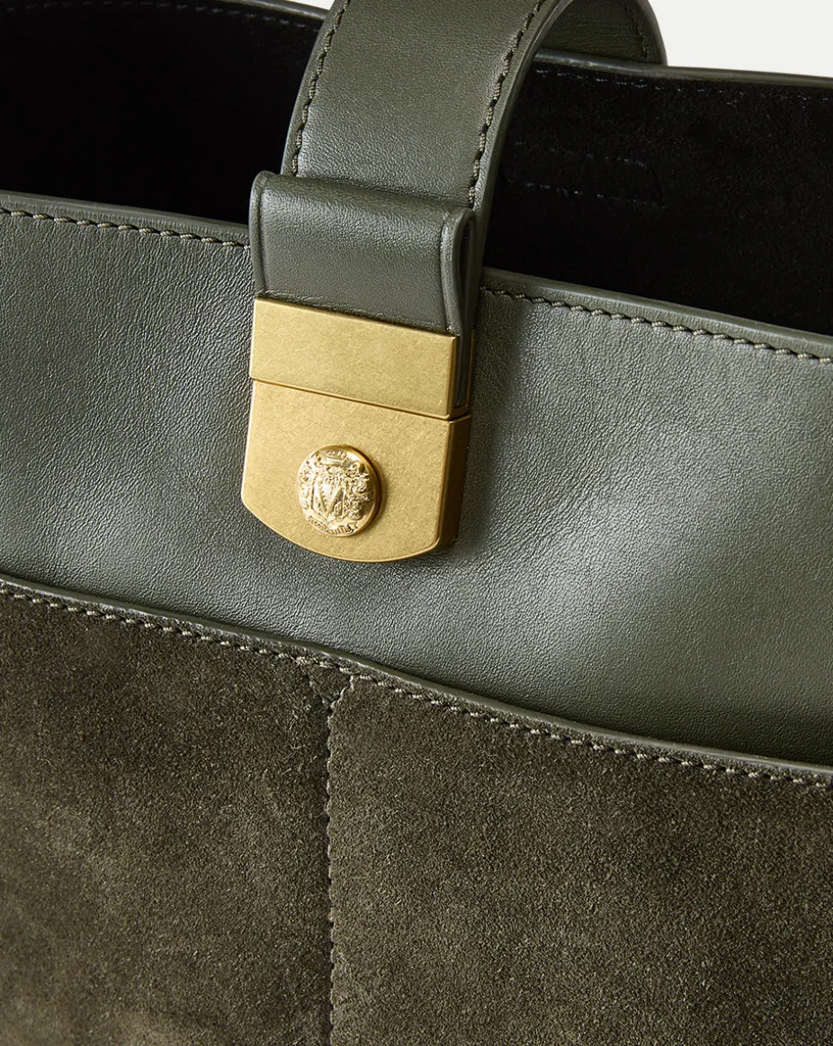 Small Crest Lock Suede Bucket Bag in Pine
