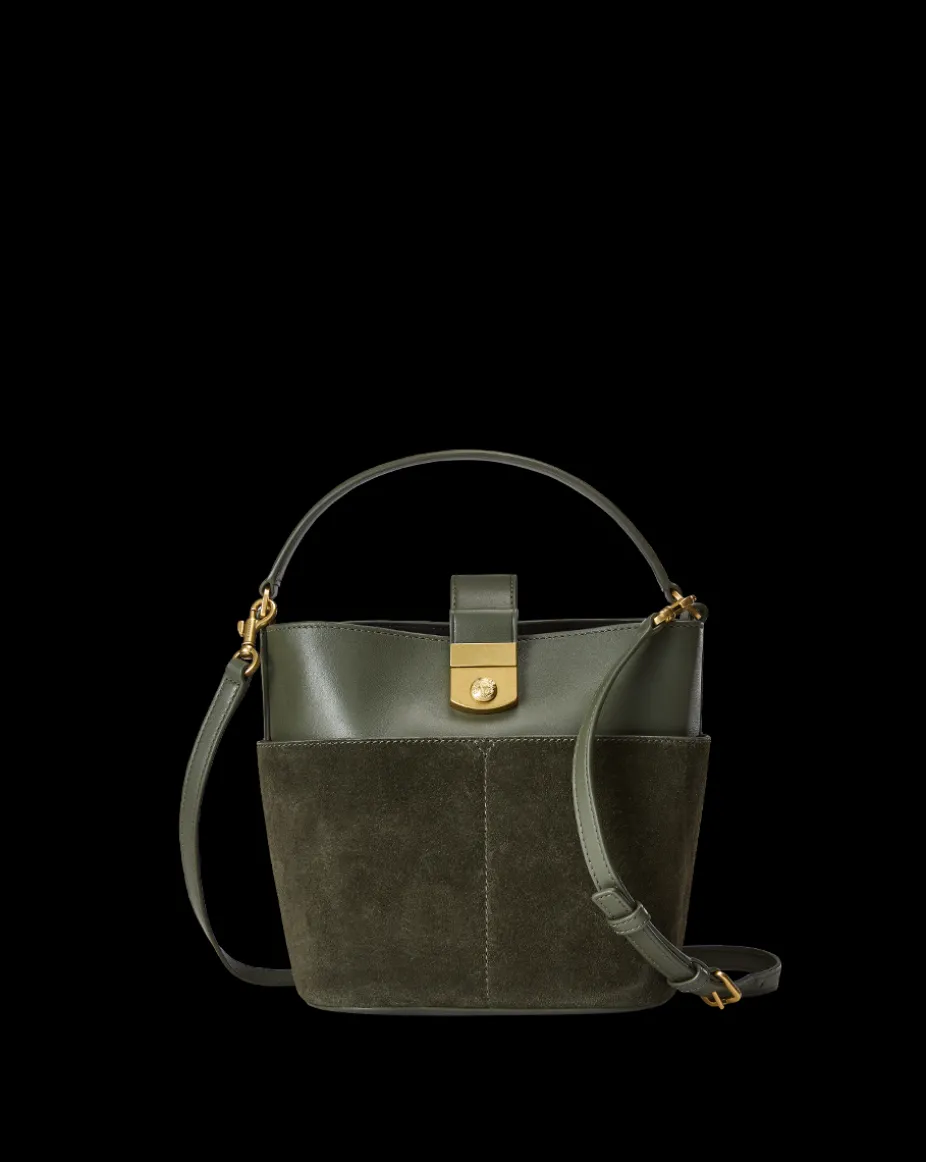 Small Crest Lock Suede Bucket Bag in Pine