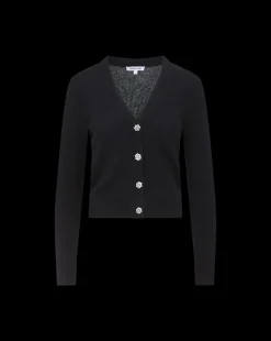 Solene Rhinestone-Button Cashmere Cardigan in Black
