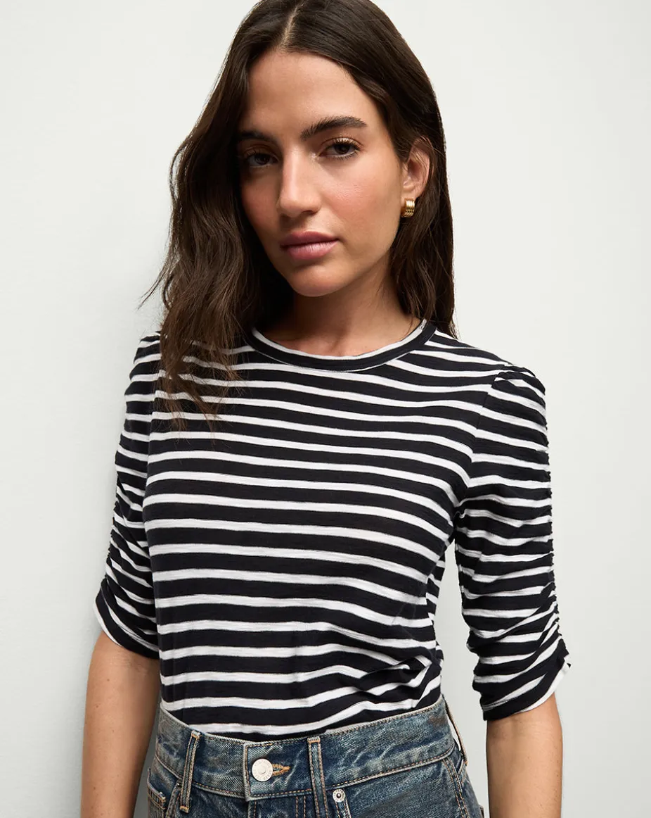 Waldorf Ruched-Sleeve Tee in Navy/White