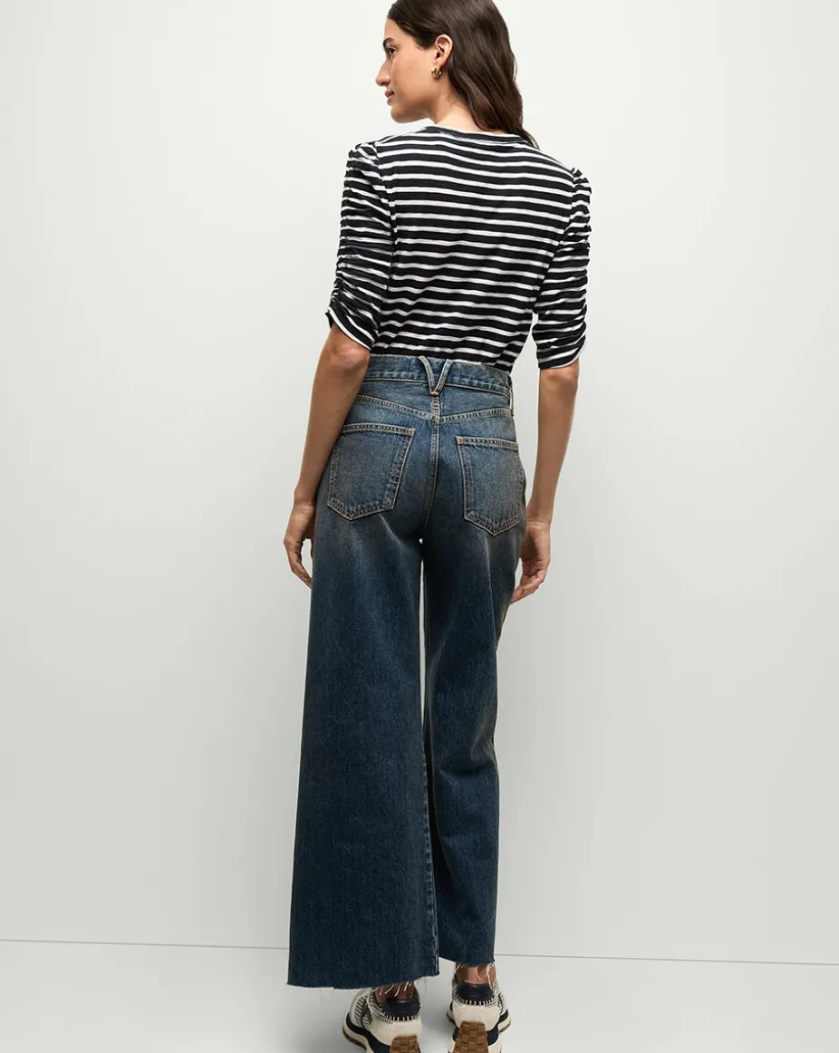 Waldorf Ruched-Sleeve Tee in Navy/White